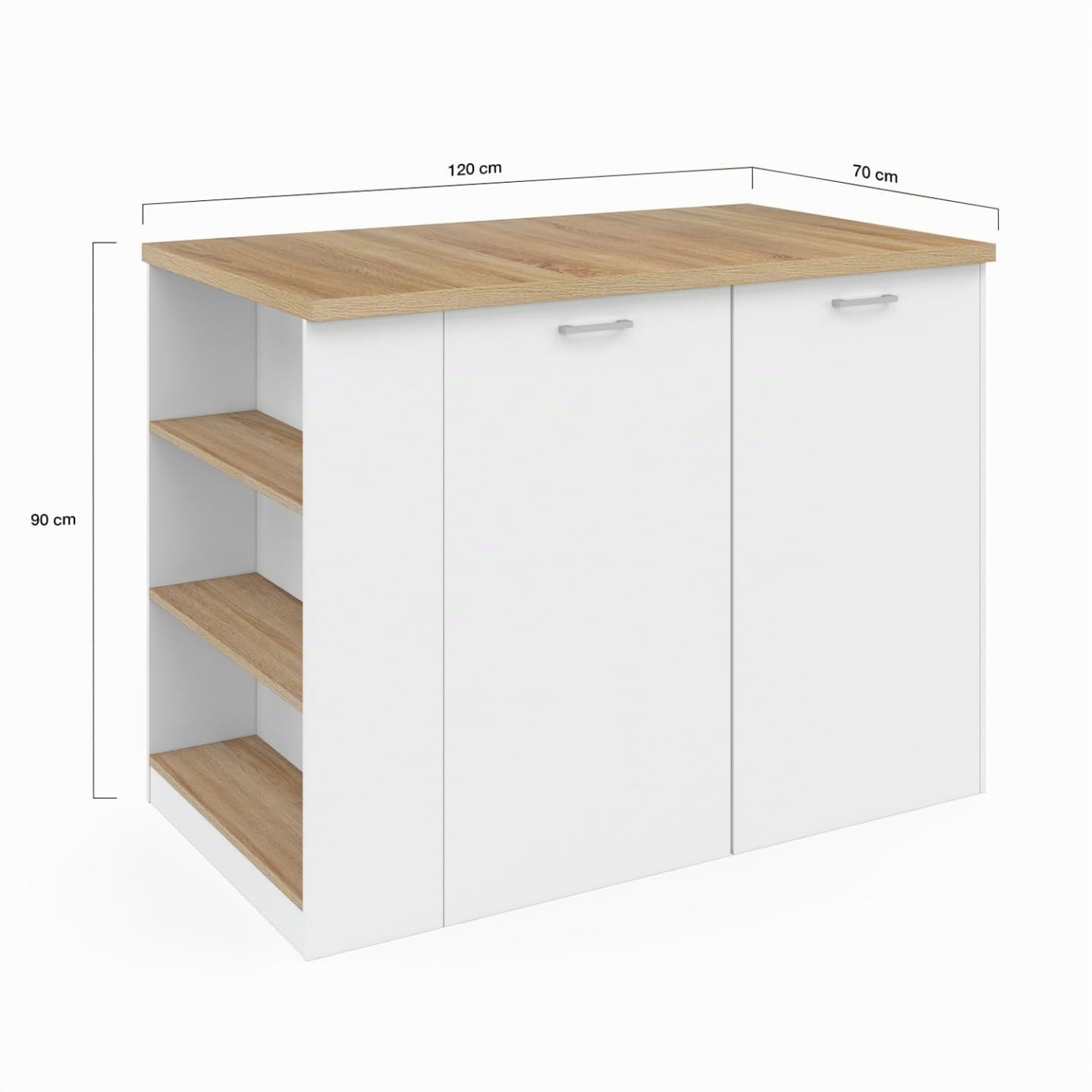 IDMarket - Isola centrale TIBO 120 cm in legno bianco con piano di lavoro effetto faggio