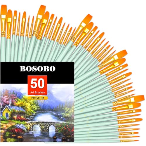 Image of BOSOBO Assorted Nylon Acrylic Artist Paint Brushes Set,Green,50 Pcs