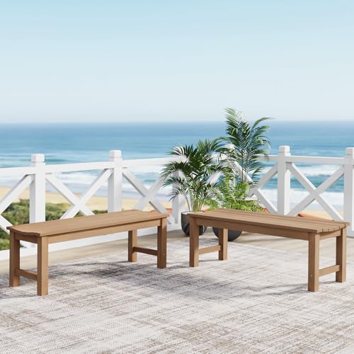 Image of Outdoor Bench Set of 2, 2-Person Patio Backless Benches, HIPS Weatherproof Garden Bench that Never Rot and Fade, Suit for Backyard, Church, Patio, Deck and Entryway (Teak)