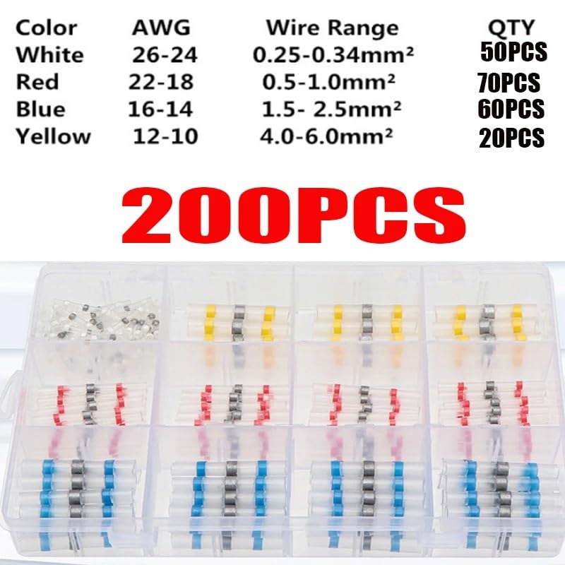 200Pcs Solder Seal Wire Connector Ring Heat Shrinkable Tube Waterproof Wire Terminal Splice Terminal Kit 22-18AWG