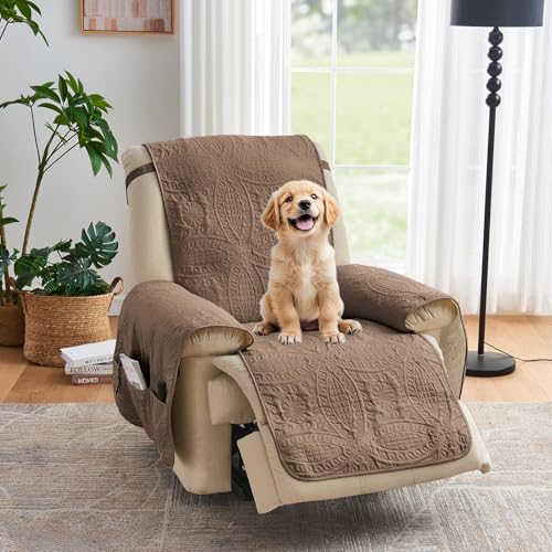 Image of Toffee Quilted Recliner Covers, Camel Large Recliner Chair Covers, Lazy Boy Chair Covers, Pet Friendly Recliner Slipcover for Dogs, Washable Furniture Protector (Recliner 30 inch, Raw Umber)