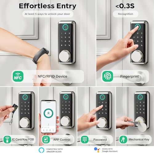 Sophia Keyless Entry Door Lock, Smart Auto Locks for Front Door & Key Fobs & Remote Control, Keypad Deadbolt Digital, Fingerprint Door Lock with Code, Cerraduras Inteligentes, IP68, Satin Nickel — view 2