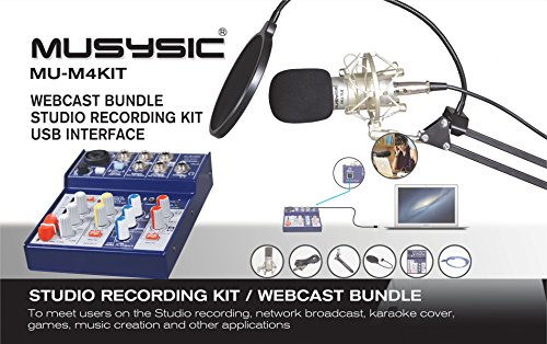 MUSYSIC Studio Recording Kit, Webcast Bundle, 4 Channel Mixer with USB Interface MU-M4KIT
