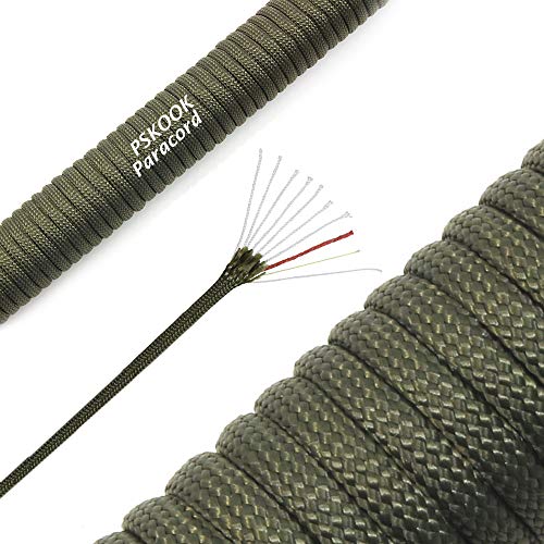 PSKOOK 550 Cordón para Paracaídas Lanyard de Paracord con Cordón de Yesca Lino Línea de Pesca de PE Hilo de Algodón - Especificación Tipo III Paracord 100FT (Ejercito Verde)