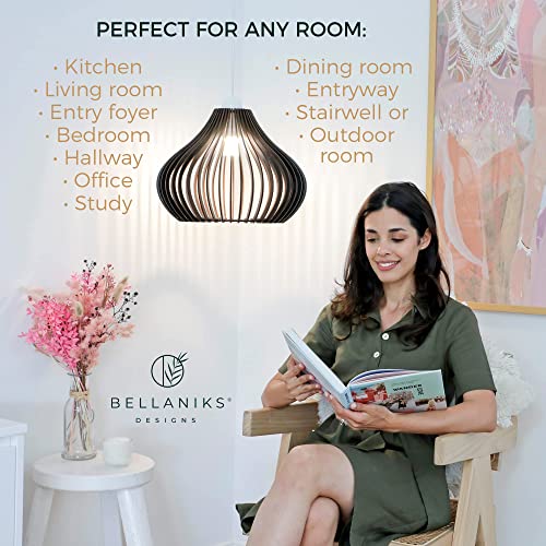 Bellaniks Wood Pendant Light - Easy-To-Assemble Ceiling Chandelier - Modern Boho Hanging Lamp Lighting Fixture For Dining, Kitchen, Bedroom, Living Room - Adjustable Nylon Cord, Uses Standard Bulb #TOP6