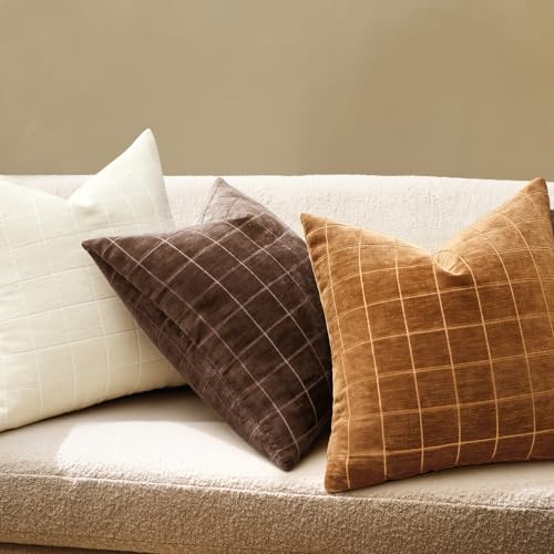 Image of MIULEE Bronze Plaid Decorative Fall Throw Pillow Covers 18x18 Set of 2 | Vintage Check Chenille Couch Pillows Boho Farmhouse Cushion Covers Modern Fall Home Decor for Sofa Bed Living Room
