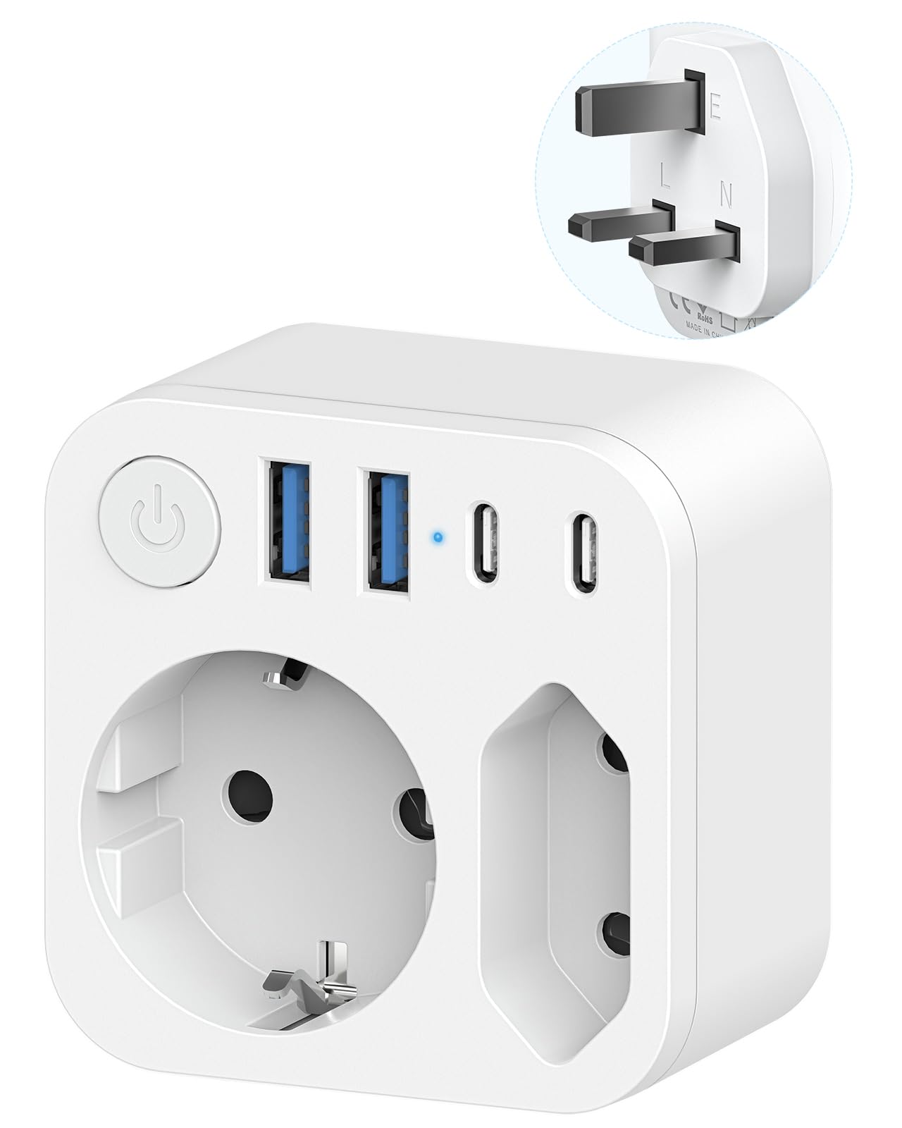 Reiseadapter Deutschland nach UK Adapter mit 4 USB (2 Typ-C), 2 Fach Reiseadapter England, Reisestecker Steckeradapter Schuko auf Typ G für Großbritannien Irland Malta Stromadapter, Weiß