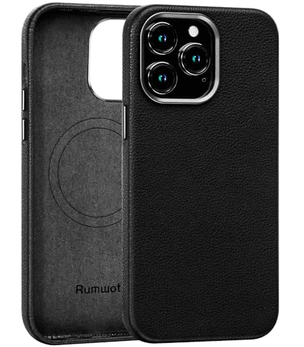 Image of Genuine Leather Case for iPhone 14 Pro Compatible with Magsafe Black | Non-Slip Pebbled Genuine Leather, Slim Fit, Super Magnetic, Compatible with Wireless Charging, Metal Buttons, Camera Bezel