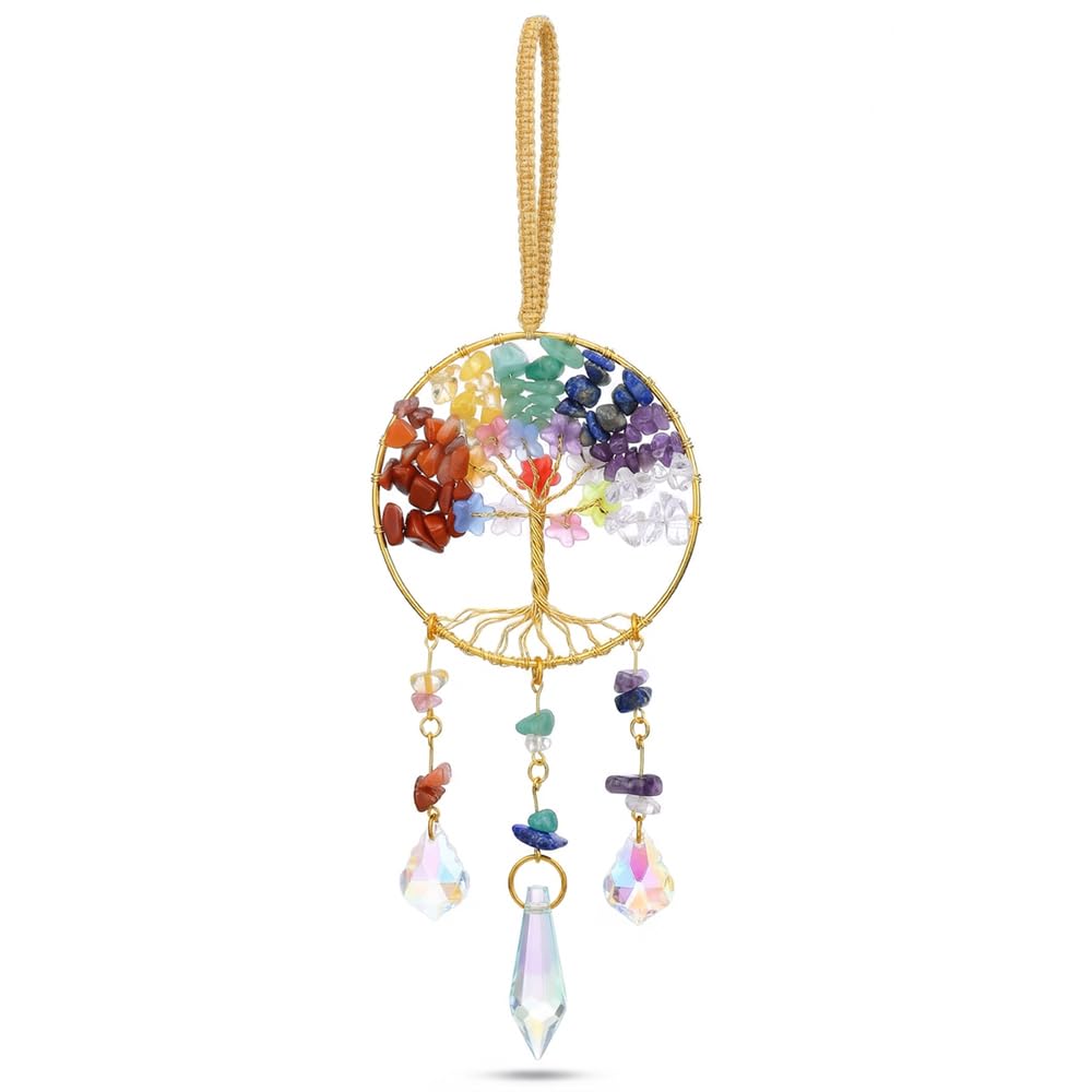Crystal Suncatcher Tree of Life Hanging Ornament - 7 Chakra Rainbow Natural Stone Prism Pendant - Handmade Wire Wrapped Gemstone Wind Chimes for Window Home Garden Meditation Decor Gift for Women