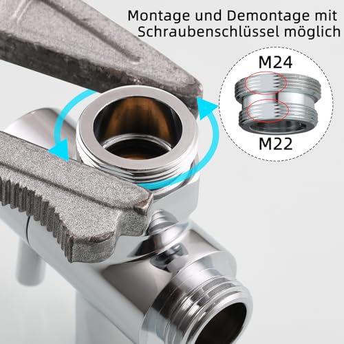 Tecmolog 3 Wege Umschaltventil Wasserhahnadapter Messing Diverter für Wasserhahn, Wasserhahn Ersatzteil mit M22xM24 Adapter, Chrom, SBA021C