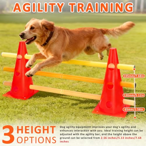 Weciau Steckhürdenset, Agility Set Hunde mit 8 Kegel(32cm) + 4 Stangen(80cm), Cavaletti Hund für Koordinationstraining, Pylonen Hundetraining, Einstellbare Trainingshürden für Hunde Teamsport Fussball