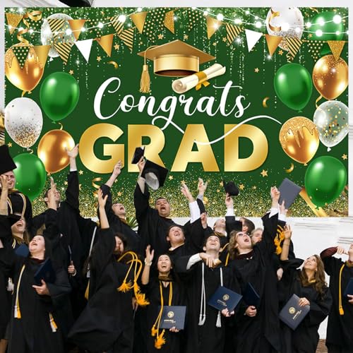 Image of AIBIIN Graduation Decorations 2026 Congrats Grad Backdrop Green Gold Glitter Balloons Congratulations Graduation Party Decorations Background for Photography Party Supplies 70.8x43.3 Inch