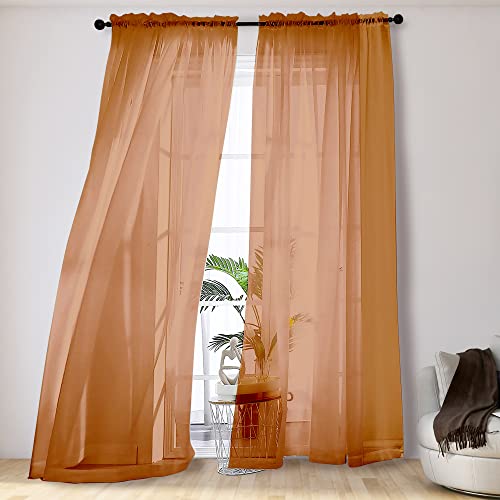 Image of OVZME Orange Sheer Curtains 108 Inches Long, Light Filtering Semi Transparent Lightweight Voile Rod Pocket Window Curtains for Bedroom, Living Room, W42 x L108, Set of 2 Drape Panels