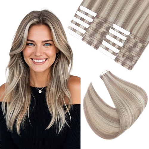 Image of Elailite Tape in Hair Extensions Human Hair Thick Real Remy Hairpieces Ash Blonde & Bleach Blonde 12 Inch 40g 20pcs Straight Invisible Seamless Skin Weft Best Tape for Women