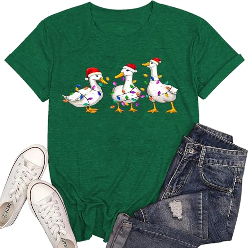 Womens Christmas Duck T-Shirt Funny Holiday Goose Tee with Santa Hats Colorful Lights Cute Festive Top