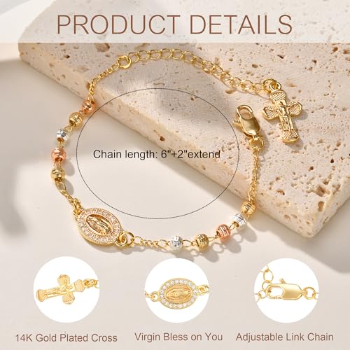 Women's Gold Virgin Mary Bracelet - 14k Gold Plated Rosary Beads Cross Bracelets,Hypoallergenic Non Tarnish Religious Rosarios Catolicos Virgen de Guadalupe Jewelry,Catholic Baptism Gifts for Her4