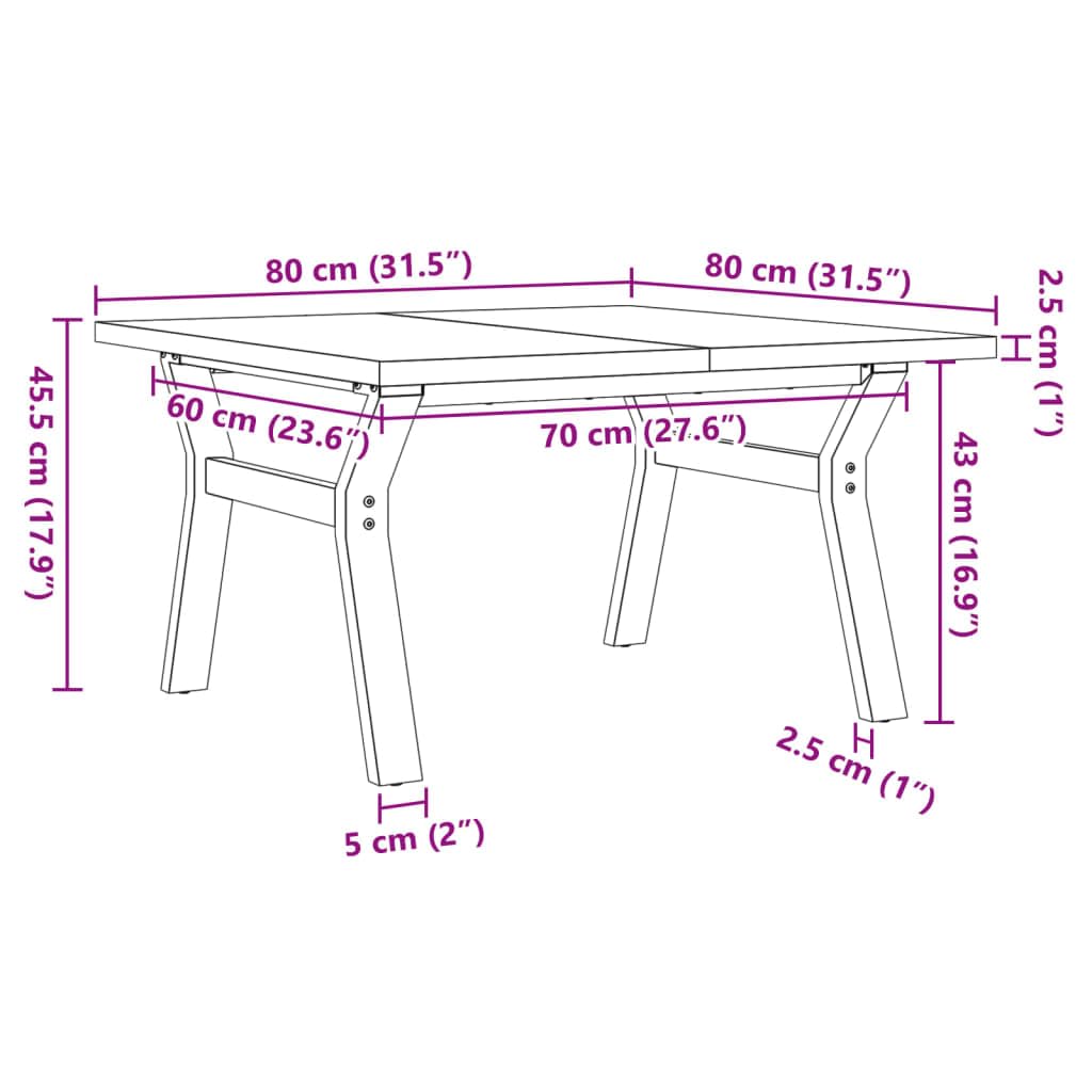 Stolik kawowy z litego drewna sosnowego ze stalowym stelażem, 80 x 80 x 45,5 cm, prostokątny, stabilny i trwały, do salonu, jadalni, kuchni, mebli do siedzenia