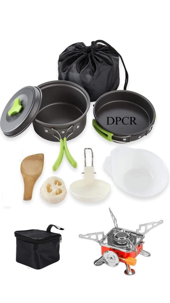 DPCR-Portable mini Gas Stove with Camping Cooking Pot Set [ Gas stove-1pcs +Cook Set-8 Iteam-Total 9 Items Combo]