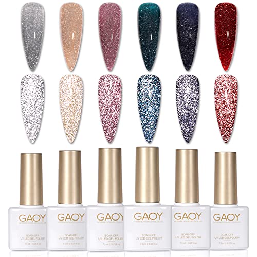 GAOYÂ Reflective Glitter GelÂ NailÂ PolishÂ Set ofÂ 6Â ColorsÂ Including Pink Red Silver Holographic Gel Polish Kit UVÂ LEDÂ SoakÂ Off NailÂ Polish Home DIY Manicure Nail Salon Varnish