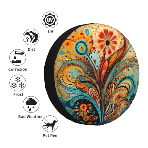 Image of Spare Tire Cover Art Boho Paisley Floral Flower Tire Cover 17 Inch Wheel Covers for Rv Trailer Jeep SUV Truck Camper Vehicles Dust-Proof Waterproof Tire Protectors