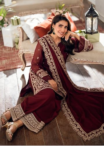 Image of Women's French Crepe Kurta Set with Organza Dupatta | Floral Thread Embroidered Ethnic Suit Set | Straight Kurta Pant Set Round Neck Festive Indian Wear