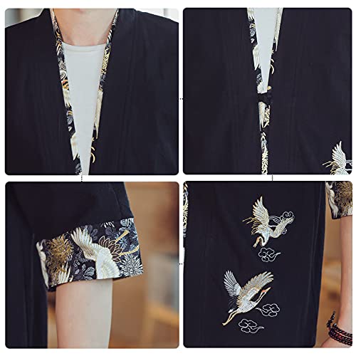 Image of PRIJOUHE Men's Kimono Jackets Cardigan Lightweight Casual Cotton Blends Linen Seven Sleeves Open Front Coat Outwear