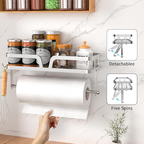 Image of Taozun Paper Towel Holder with Shelf, Kitchen Paper Holder Wall Mount Spice Rack Paper Towel Roll Holder with 4 Hooks (2 Installation Methods - Self-Adhesive and Drilling), Silver