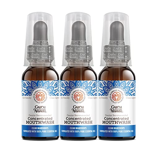 GuruNanda Concentrated Mouthwash, Helps Bad Breath, Promotes Teeth Whitening, Healthy Gums, Made with 100% Natural Essential Oils, 1 Bottle Equals 300 Rinse, Fluoride-Free, Mint (2 oz), 3 Pack