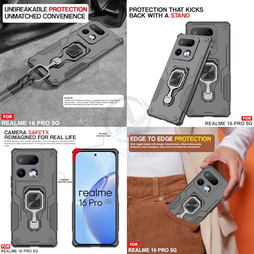Image of AESTMO Armor Back Cover for Realme 16 Pro 5G | Ring Holder & Kickstand & Camera Protection in-Built | 360 Degree Protection Back Case Cover for Realme 16 Pro 5G (Black)