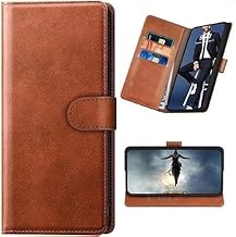 Dkandy Leather RFID Blocking Card Holder Back Case Magnetic Closure Wallet Flip Cover for Relme C25 (Tan Brown)