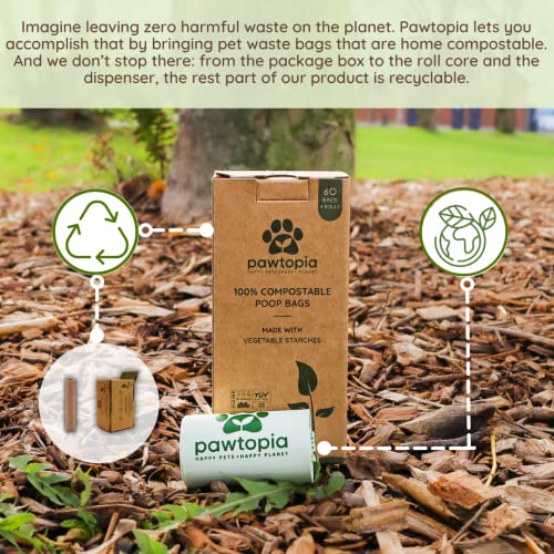Image of Pawtopia Biodegradable Dog Poop Bags, 60 Count, Certified Home Compostable, Leak-Proof, Easy Open, Standard Size, Supports Sustainable Living | 60 Compostable Dog Poop Bags with Reusable Paper Dispenser, Leak-Proof, Easy Open, TUV AUSTRIA Certified
