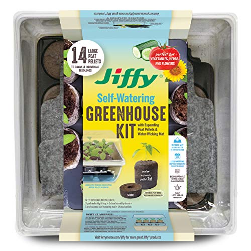 Jiffy 50mm Self-Watering Seed Starting Tomato & Vegetable Greenhouse Kit with 14 Plant-Based Expanding Peat Pellets & Water-Wicking Mat