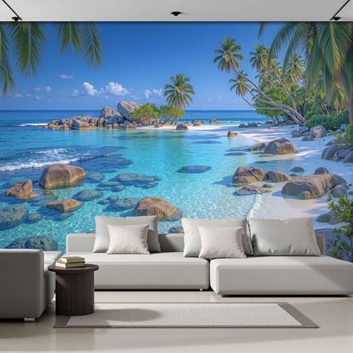DACRWEKZ 3D Papier Peint Panoramique Galets de mer Palmiers, Papier Peint Panoramique Murale Plage tropicale pour Salon Chambre Chambre D'Enfant - Décoration...