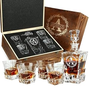 Personalized Whiskey Decanter and Glasses Set – Customized Gift for Him – Men, Dad, Father, Brother, Son – Engraved Rocks Whiskey Decanter, 4 XL Glasses in Premium Wooden Gift Box