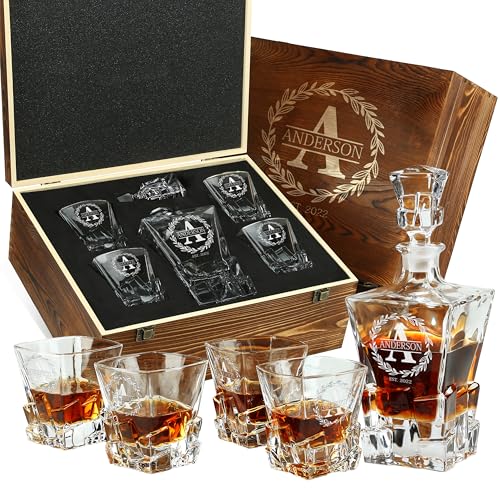 Personalized Whiskey Decanter and Glasses Set - Customized Gift for Him - Men, Dad, Father, Brother, Son - Engraved Rocks Whiskey Decanter, 4 XL Glasses in Premium Wooden Gift Box