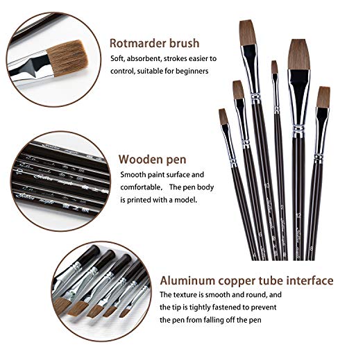Artist Paint Brushes - Red Sable Long Handle, Flat Paint Brush Set For Acrylic, Oil, Gouache And Watercolor Painting Offering Excellent Paint Holding And Easy Flow Of Paint #TOP5
