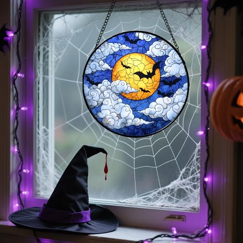 Image of Stained Glass Window Hanging - Halloween Decorations Bats Moon Clouds Suncatcher for Doors Garden Indoor Spooky Funny Sun Catchers Gothic Decor Horror Gifts for Women Men Friend 9.8 in
