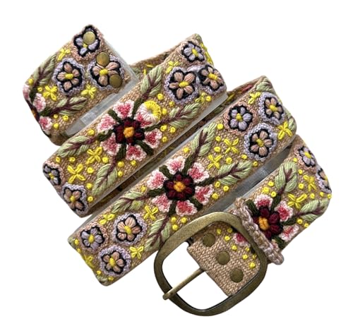Embroidered Belt, Embroidered Belt for Women, Peruvian Embroidered Belt, Handmade - Garden Bloom Tan Band