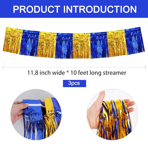 Image of BEISHIDA 3 Packs Metallic Foil Fringe Garland Blue Gold Wall Hanging Tinsel Fringe Banners for Car Floats Bridal Shower Wedding Birthday Easter Graduation Holiday Party Decoration(30 Feet)
