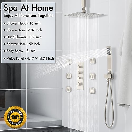Image of Shower Jets System, 16 inch Ceiling Rainfall Shower System with Spray Jets(Can All Run Together) Thermostatic Shower System with Handheld Shower Head and 6 Body Spray Jets - Brushed Nickel