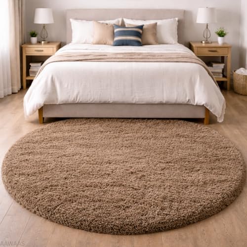 Image of Premium Polyester Shaggy Round Rug - Ultra Soft Fluffy Circle Carpet for Bedroom, Living Room, Kids Room, Anti-Skid Plush Floor Rug - (Beige, 6 feet|180cm)