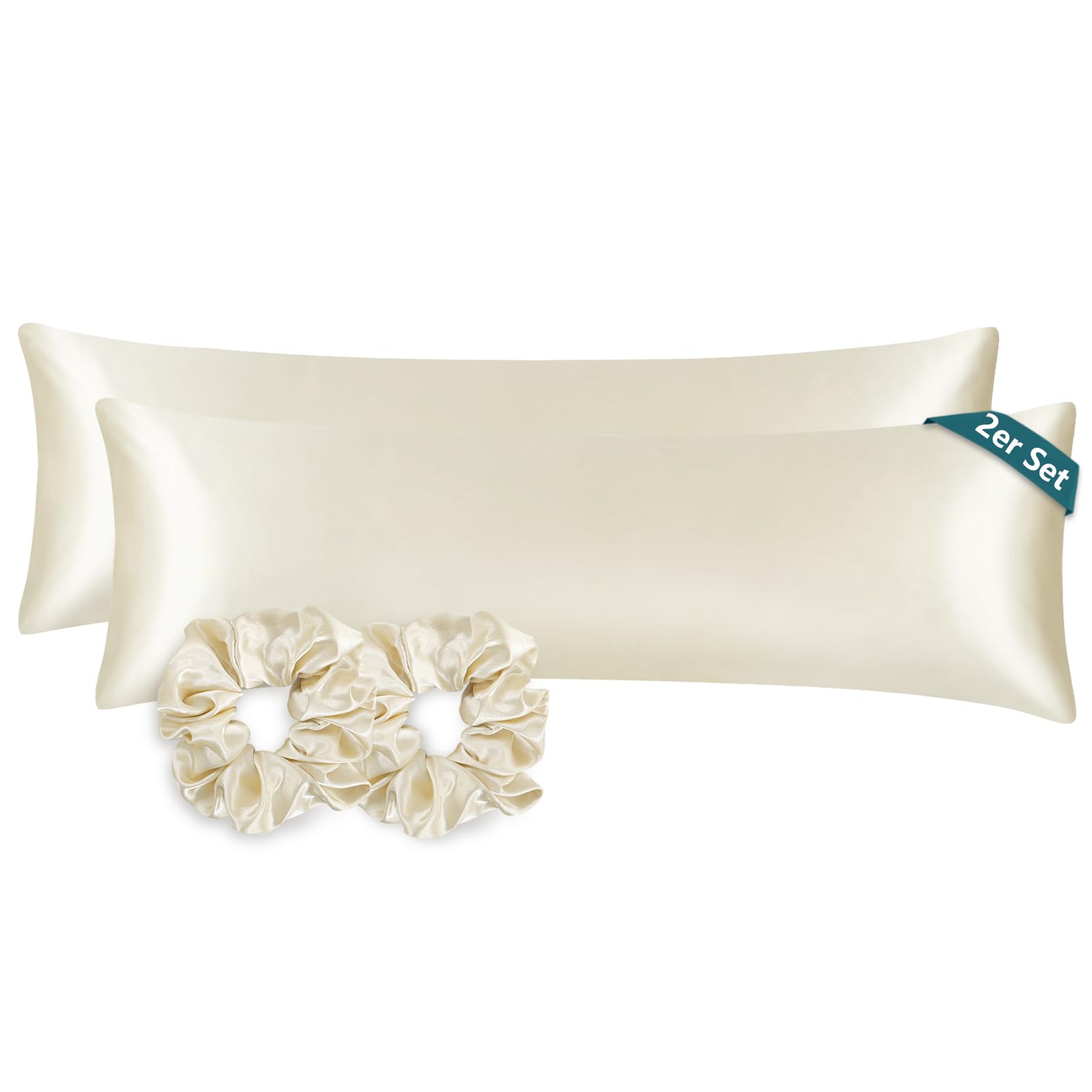 RUIKASI Juego de 2 fundas de almohada de satén, 40 x 145 cm, con cremallera, como funda de almohada de seda, con 2 gomas de pelo, funda de almohada de 145 x 40 cm, para dormir de lado OEKO-TEX STANDARD 100