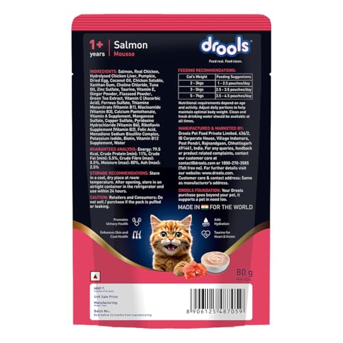 Image of Drools Adult Cat Wet Mousse 80g | Salmon | High Protein | Supports Hydration & Easy Digestion | Grain Free | No Artificial Additives | Enriched with Vitamins & Antioxidants