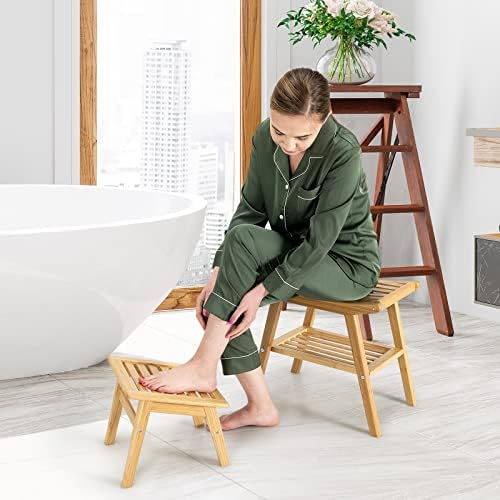 RELAX4LIFE Bamboo Shower Bench and Footstool Set, 2-Tier Spa Bathroom Stool Seat with Storage Shelf & Non-Slip Foot Pads, Portable Wooden Shaving Step Stool for Kids Adults