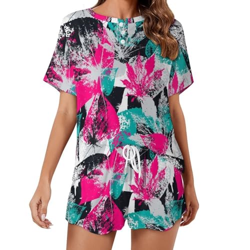 Pyjama court femme fleurs et feuilles respirant et ultra doux pour l'été