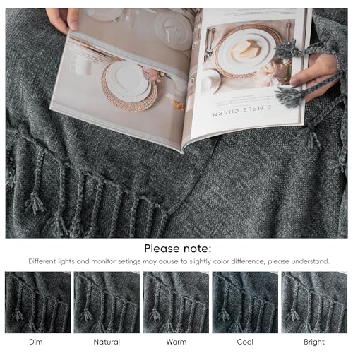 BATTILO HOME Dark Grey Chenille Throw Blanket for Couch Sofa Chair Bed Home Decor, Lightweight Boho Knitted Throw with Fringe Tassels Suitable for All Season,50''X60'' by BATTILO HOME - Image 8
