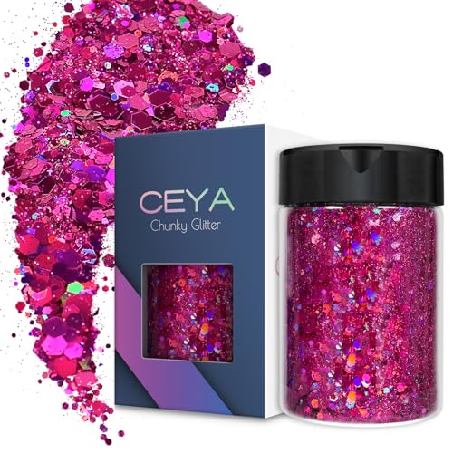 Ceya Holographic Chunky Glitter 4.9oz/ 140g Fuchsia Craft Glitter Powder Mixed Chunky & Fine Flakes Iridescent Nail Sequins for Nail Art Hair Epoxy Resin Tumblers Slime Painting Festival Decor