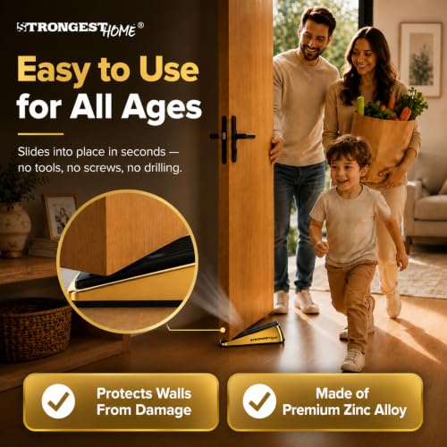 Image of STRONGEST HOME Door Stoppers for Bottom of Door - Heavy Duty Metal Rubber Stopper, Non-Slip Door Stop for Heavy Doors Gold 1 PC