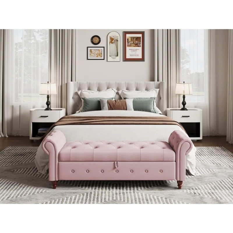 Image of LEGACY OF COMFORT F4 Velvet Upholstered Storage Bench Sofa Bench Sofa couches Rolled Arm Window Bench Ottoman Bench 2 Seater Sofa Chaise Lounger or Living Room Bedroom Office (Pink Velvet)