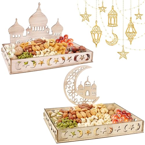 Coffee Life Plus 2 piezas Bandeja de Madera de Ramadán,Bandeja de Madera Eid Mubarak para,Eid Mubarak Bandeja de Madera Luna,Bandeja en Forma de Estrella Lunar Plato de Postre Ramadan Decoracion (B)